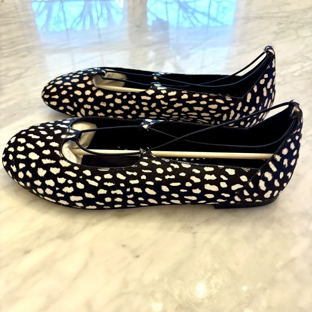 J. Crew Andi Strappy Ballet Flats Black White Printed Calf Hair New‎ in Box 9.5